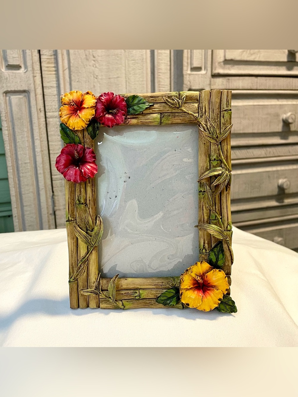 Hibiscus and Bamboo~Tropical Photo Frame - 5” × 7” - Resin - Signed by Artist